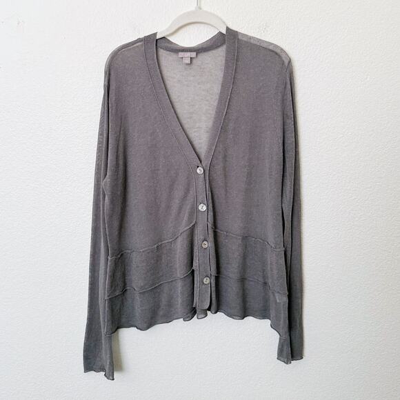 [J. Jill] Gray Linen Blend Tiered Ruffle Peplum V-Neck Cardigan Sweater Sz Large - Picture 1 of 10